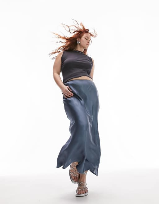 Topshop Curve satin bias maxi skirt in airforce blue