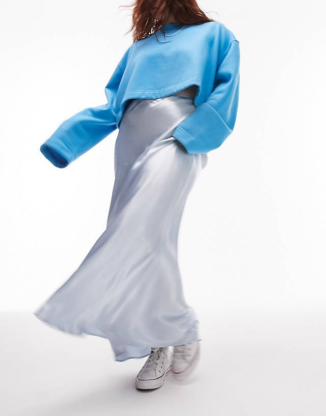 Topshop Curve - satin bias maxi skirt in light blue