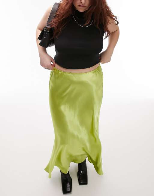 Topshop Curve satin bias maxi skirt in lime ASOS