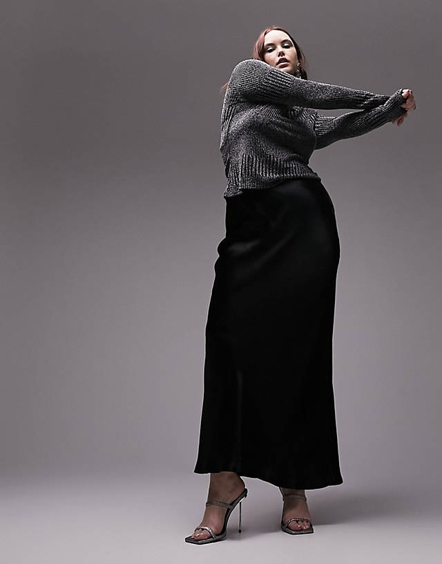 Topshop Curve - satin bias midi skirt in black