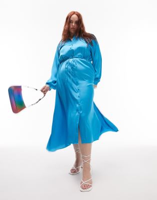 satin midi shirt dress in blue