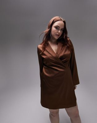 Topshop Curve Satin Mini Blazer Dress In Chocolate-brown