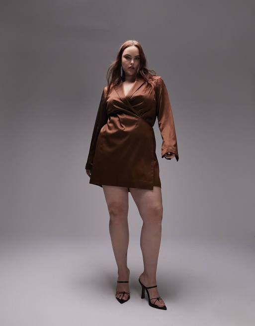 Topshop Curve satin mini blazer dress in chocolate