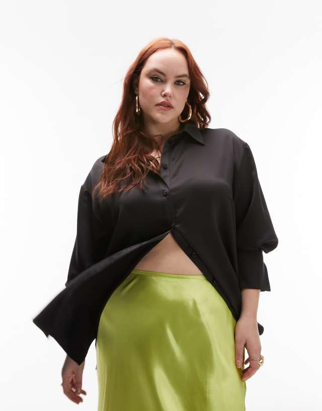 Topshop Curve satin oversized shirt in black