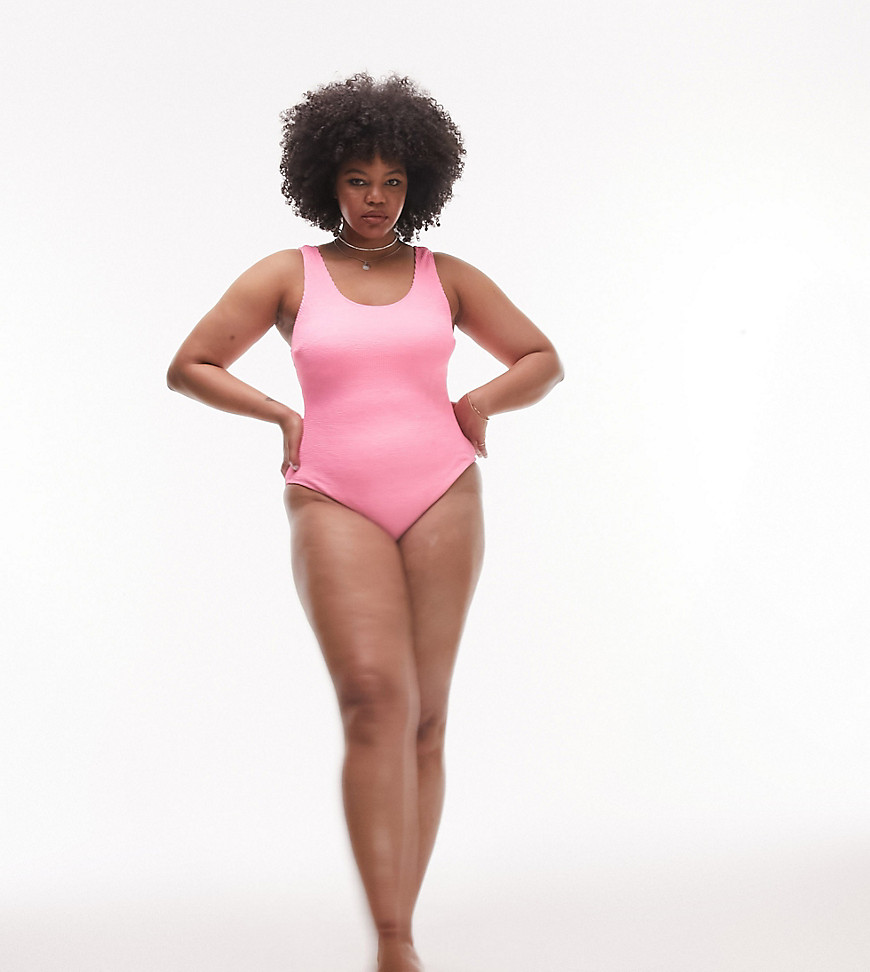 Topshop Curve scoop back crinkle swimsuit in pink
