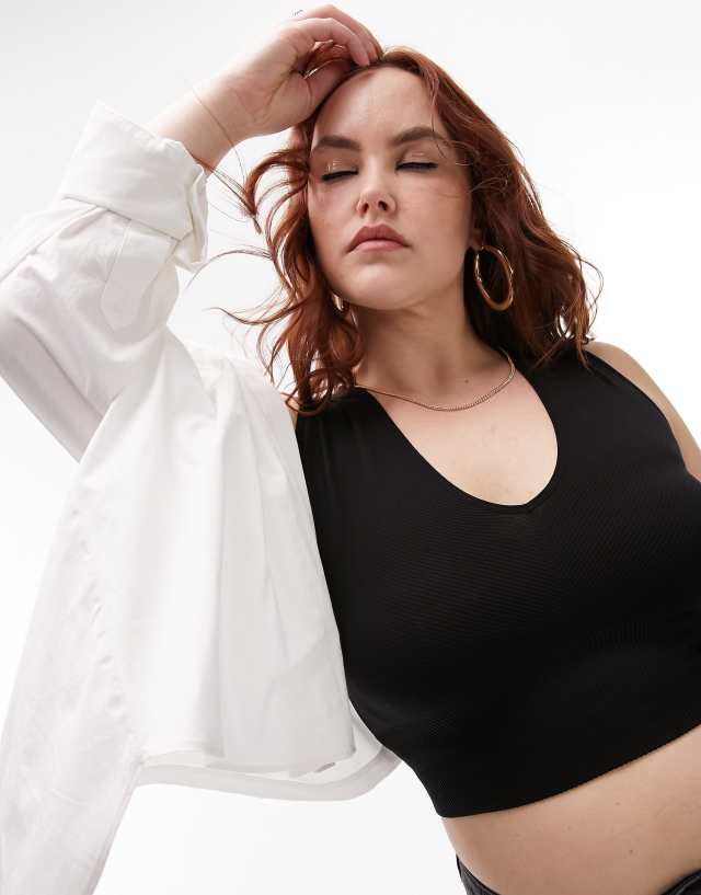 Topshop Curve seamless v neck crop top in black