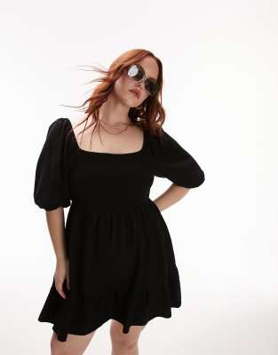 Topshop Curve shirred mini dress in black