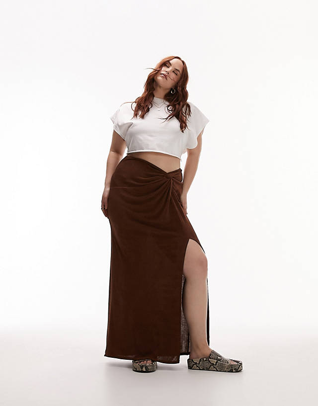 Topshop Curve - slinky twist front maxi skirt in chocolate