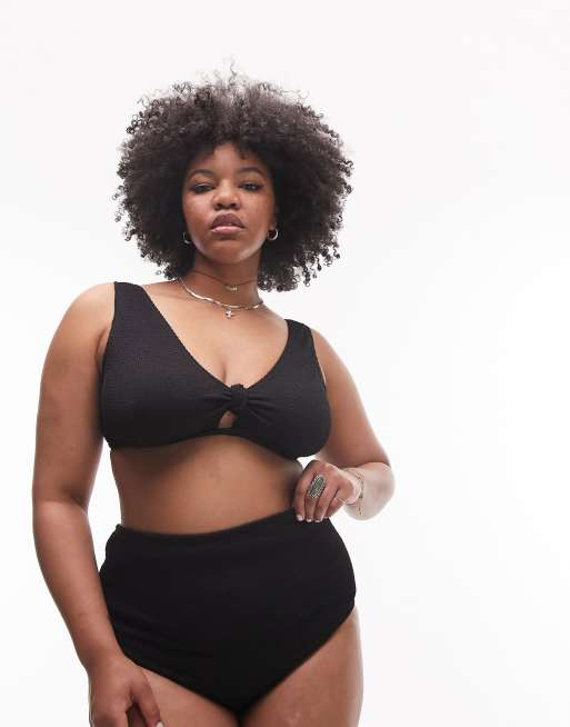 Topshop Curve - Sort bikinitop med knude foran i krølstof