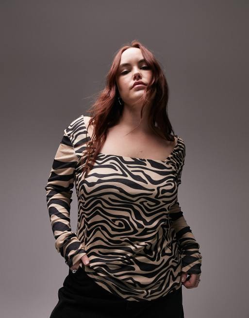 Topshop Curve square neck animal print long sleeve top in multi