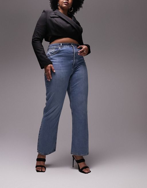 Topshop Curve straight Kort jeans in mid blue 