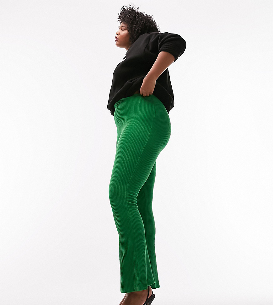 Topshop Curve stretchy velvet cord flared trouser in green