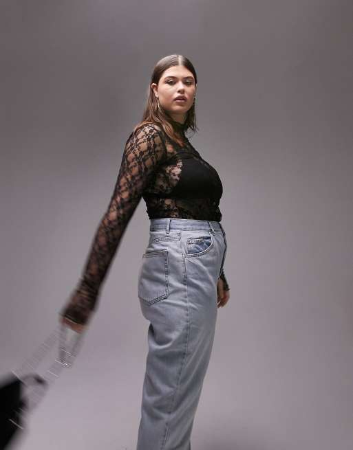Topshop Curve – Svart, långärmad spetstopp med hög hals, 3 av 4