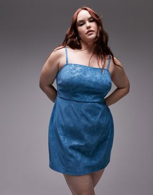 Topshop Curve Textured Faux Leather Mini Dress In Blue