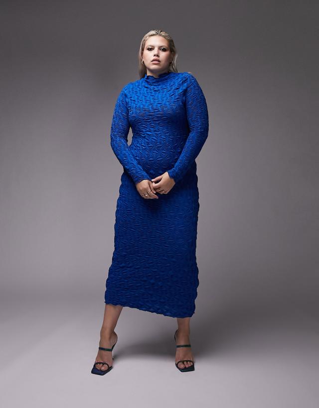 Topshop Curve textured jersey midi dress in blue