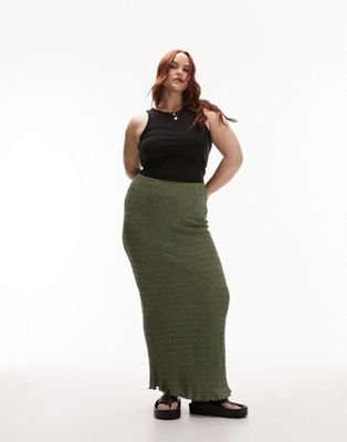 Topshop Curve textured midi skirt in khaki-Green