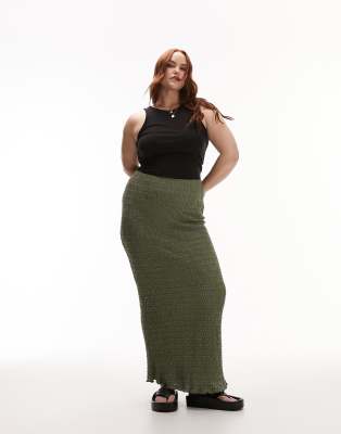 Topshop Curve textured midi skirt in khaki-Green