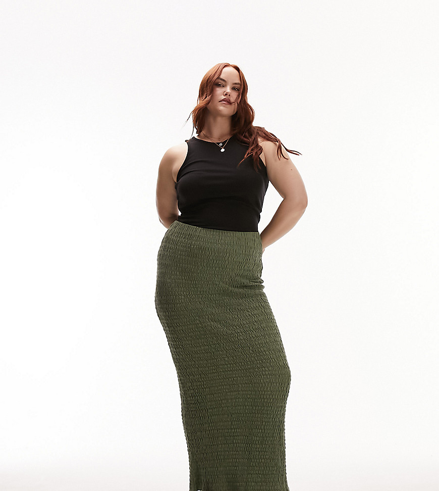 topshop curve textured midi skirt in khaki-green