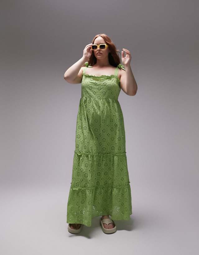 Topshop - curve tie strap broderie midi beach dress in green