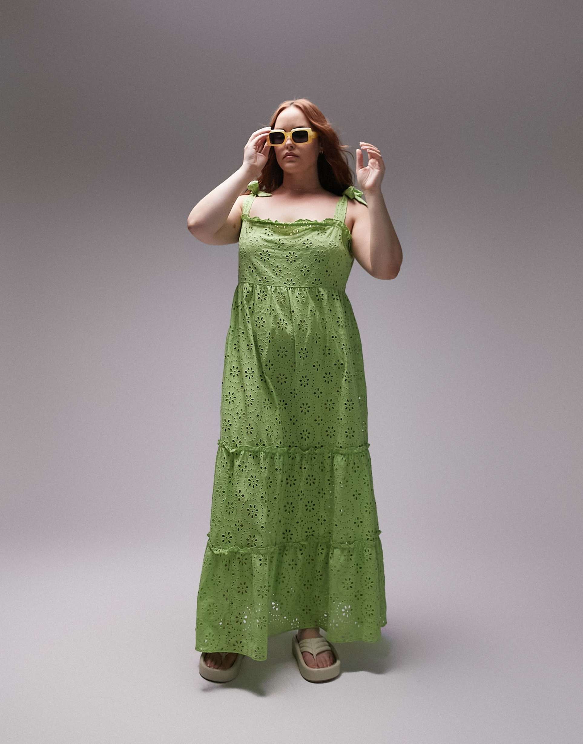 topshop curve tie strap eyelet midi beach dress in green