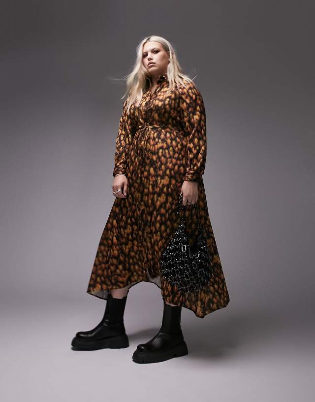 Topshop Curve tie waist midi shirt dress in animal print