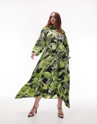 Topshop Curve Tie Waist Midi Shirt Dress In Green Floral