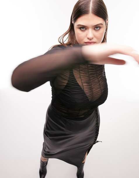 Topshop Curve - Top froncé à manches longues et col cheminée en tulle texturé - Noir - view 1