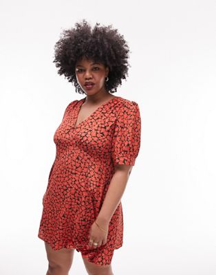 Topshop Curve Bella v-neck mini tea dress in red floral print