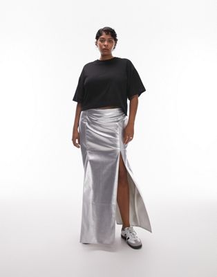 Topshop Curve Vinyl Double Split Midi Skirt In Silver