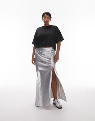 Topshop Curve vinyl double split midi skirt in silver