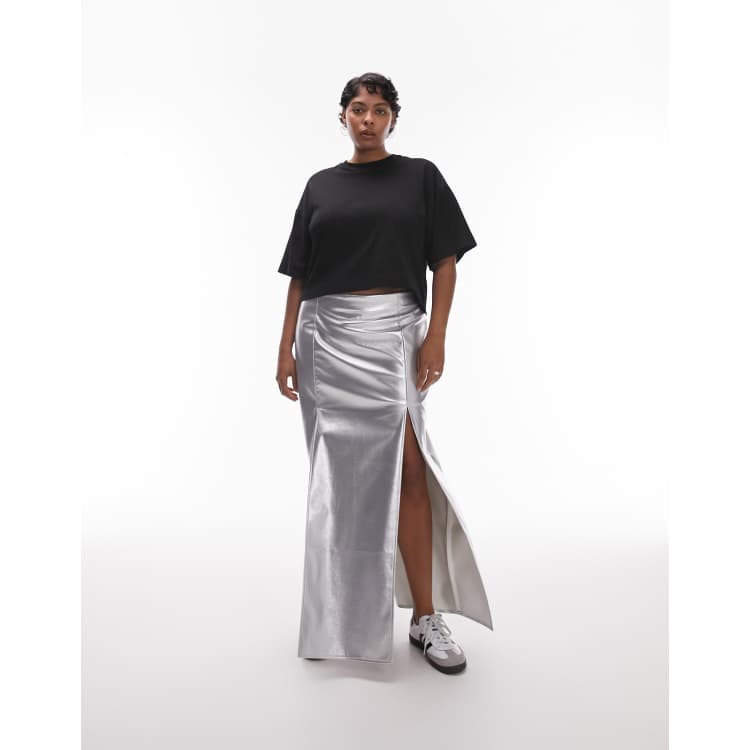 Topshop Curve vinyl double split midi skirt in silver ClassicfuncenterShops