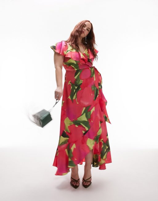 Topshop Curve wrap maxi occasion dress with frill sleeve in red print