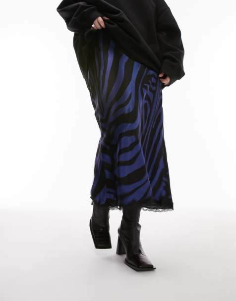 Topshop Curve zebra print satin midi skirt in navy with black lace trim - view 1