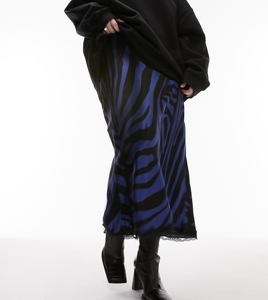 Topshop Curve zebra print satin midi skirt in navy with black lace trim