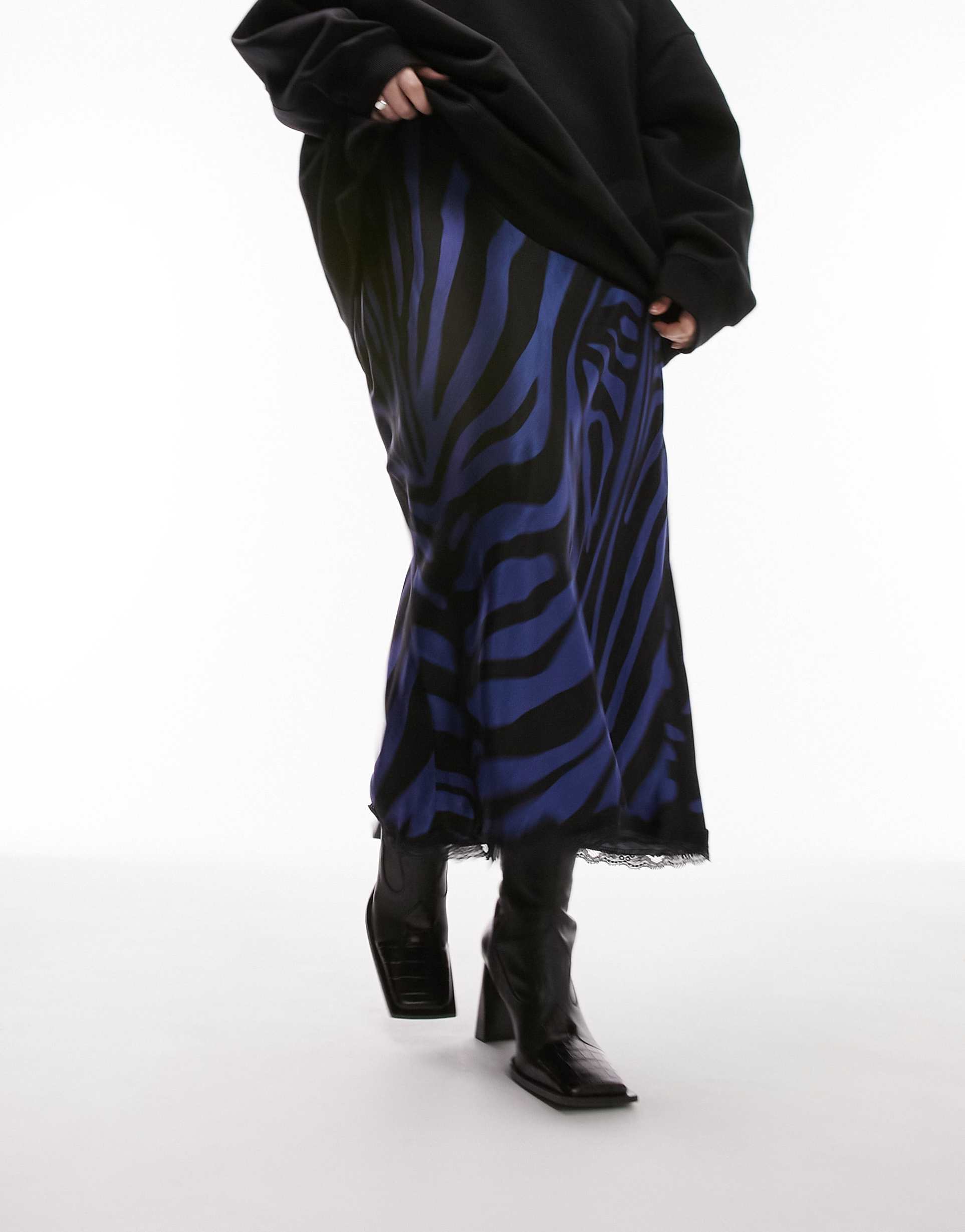 topshop curve zebra print satin midi skirt in navy with black lace trim