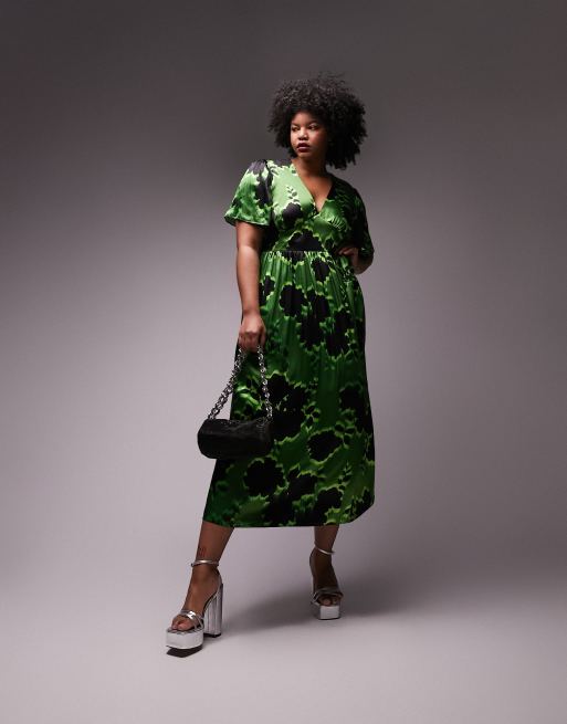 Topshop Curve – Zielona sukienka midi w kwiatowy wzór