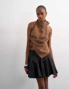 Curved godet hem mini skirt in black