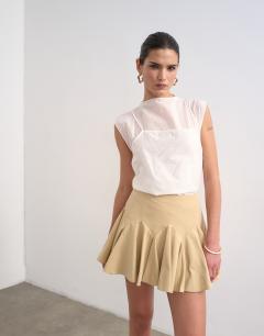Curved godet hem mini skirt in tan