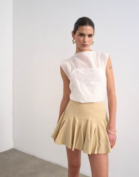 Topshop curved godet hem mini skirt in tan