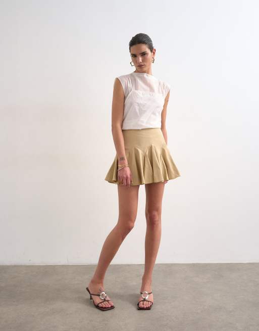 Topshop curved godet hem mini skirt in tan, 2 of 5