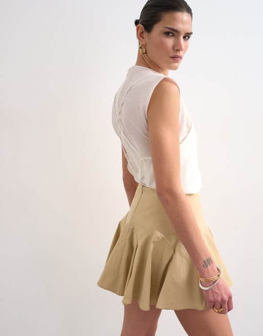 Topshop curved godet hem mini skirt in tan, 5 of 5