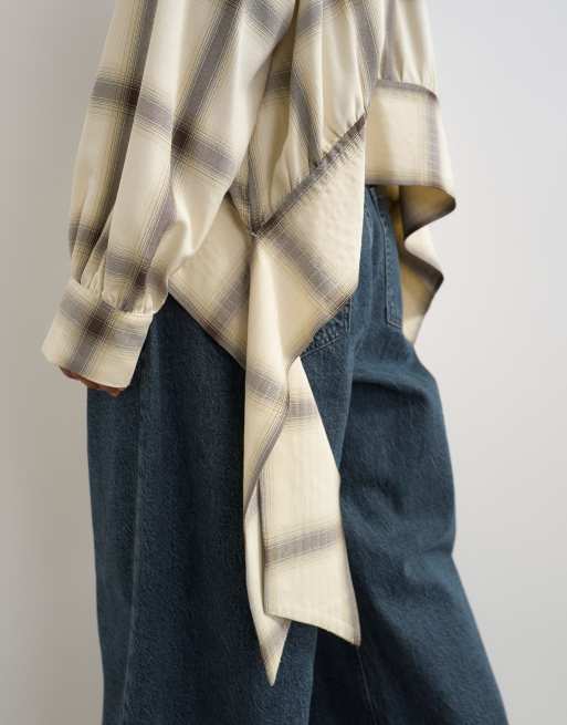 Topshop curved hem blouse in neutral check, 2 of 4