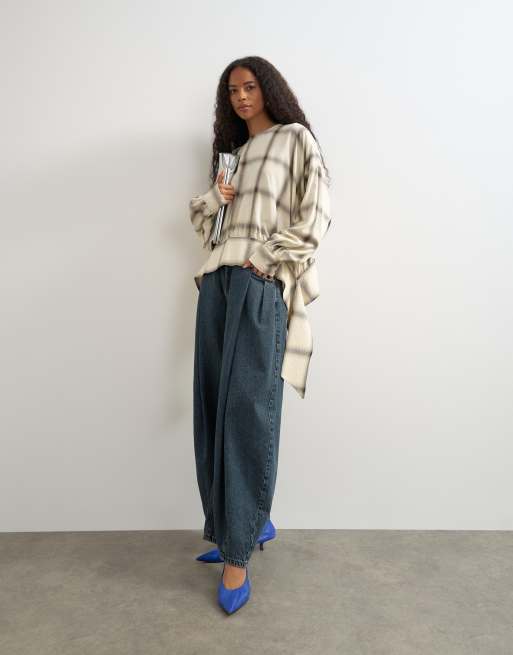Topshop curved hem blouse in neutral check, 4 of 4