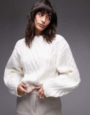 Topshop Curved Sleeve Cable Knit Oversized Sweater In Ivory-white