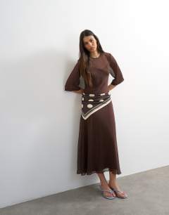 Curved waistband chiffon t-shirt maxi dress in chocolate brown