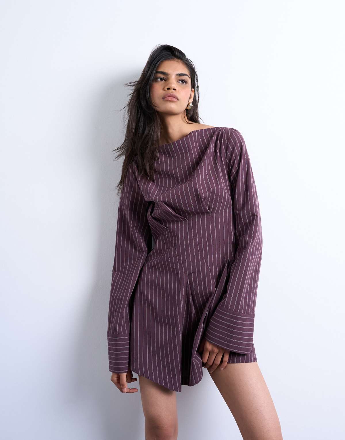 Topshop cut about long sleeve mini dress in burgundy stripe