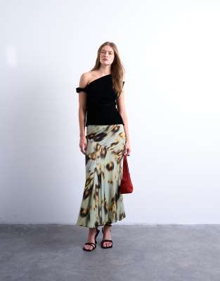 Topshop cut about midi skirt in green blur floral