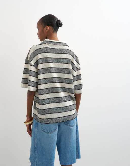 Topshop cut and sew striped oversized rugby top in gray, 3 of 4