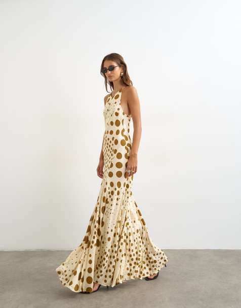 Topshop cut-away racer neck full skirt maxi dress in taupe and chocolate polka dot - view 1