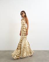 Topshop cut away racer neck full skirt maxi dress in taupe and chocolate polka dot